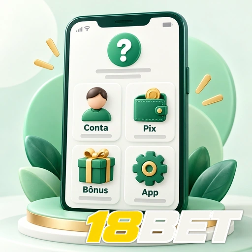 18BET — ilustração de celular com categorias de ajuda sobre conta, Pix, bônus e aplicativo