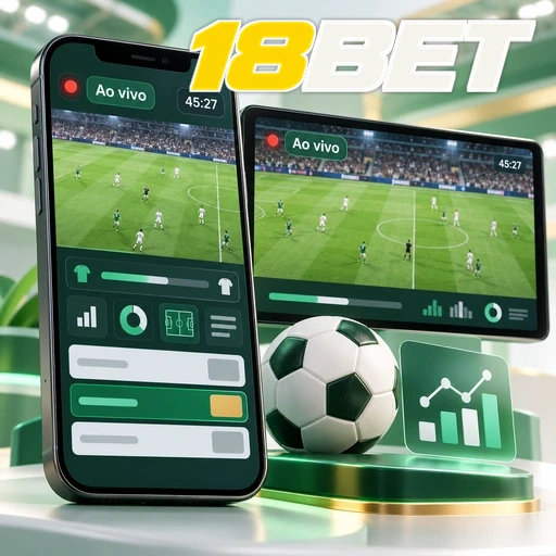 18BET — ilustração de celular e tablet com uma partida de futebol ao vivo