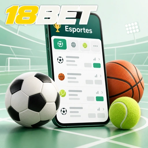 18BET — ilustração de aplicativo esportivo com bolas de futebol, basquete e tênis