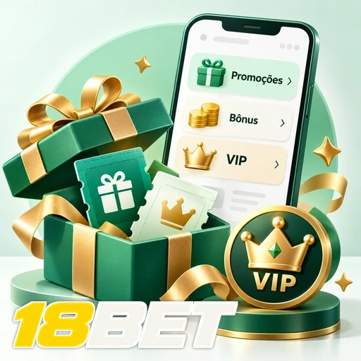 18BET — ilustração de presentes, promoções e símbolo VIP ao lado de um celular