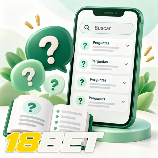 18BET — ilustração de perguntas frequentes no celular com busca e pontos de interrogação