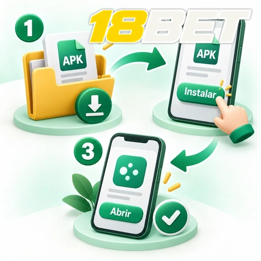 18BET — ilustração das etapas de baixar, instalar e abrir um APK no celular