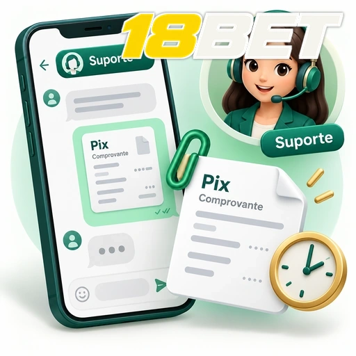18BET — ilustração de atendimento por chat com comprovante Pix e relógio