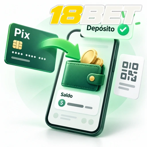 18BET — ilustração de depósito Pix com QR code, carteira e saldo no celular