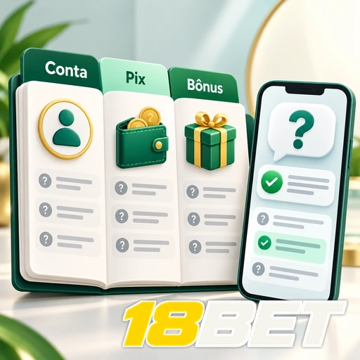 18BET — ilustração de ajuda sobre conta, Pix e bônus em telas de celular