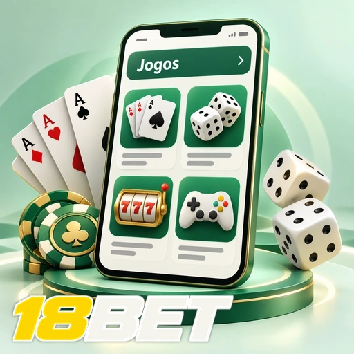 18BET — ilustração de jogos no celular com cartas, dados e fichas