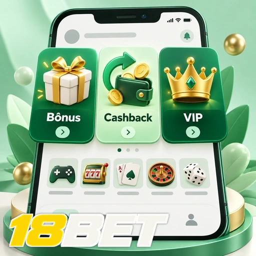 18BET — ilustração de lobby de jogos com bônus, cashback e área VIP
