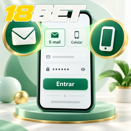 18BET — ilustração de login no celular com opções de e-mail e número de telefone