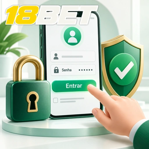 18BET — ilustração de login no celular com cadeado e escudo de segurança