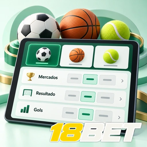 18BET — ilustração de mercados esportivos em tablet com bolas de diferentes esportes