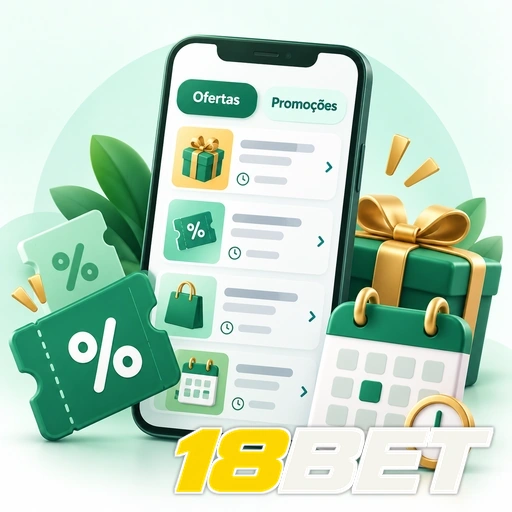 18BET — ilustração de ofertas e promoções no celular com presentes e símbolos de porcentagem