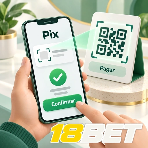 18BET — ilustração de pagamento Pix no celular com QR code e confirmação