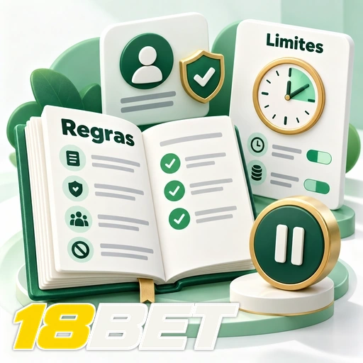 18BET — ilustração de regras de uso com lista, limites de tempo e símbolo de pausa