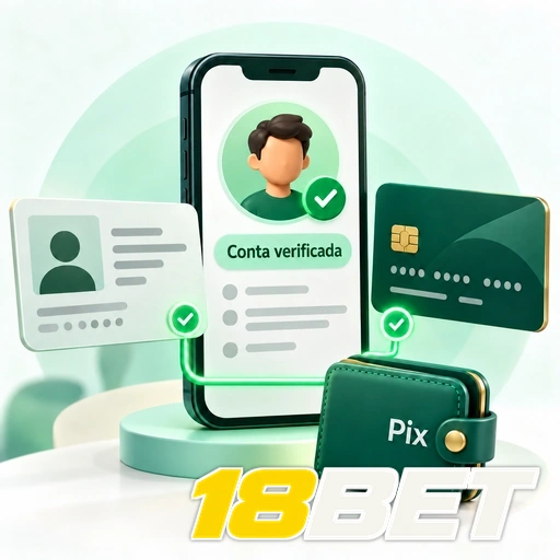18BET — ilustração de verificação de conta com documento de identidade, cartão e carteira Pix